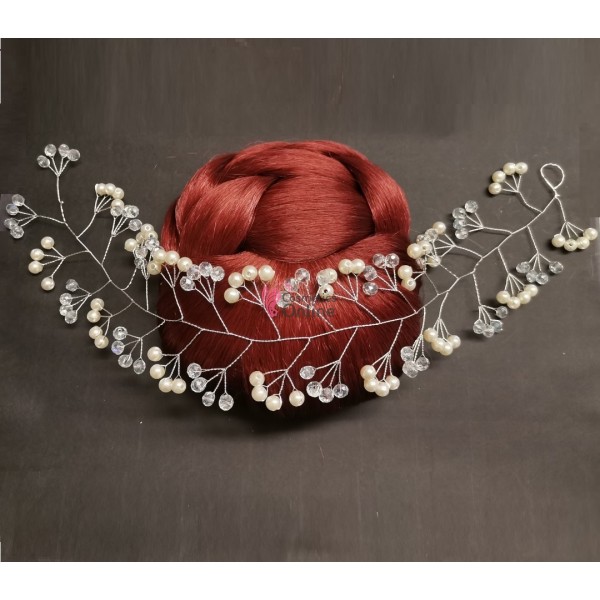 Accesoriu modern pentru decor par WED11 Argintiu cu cristale si perle de 35cm